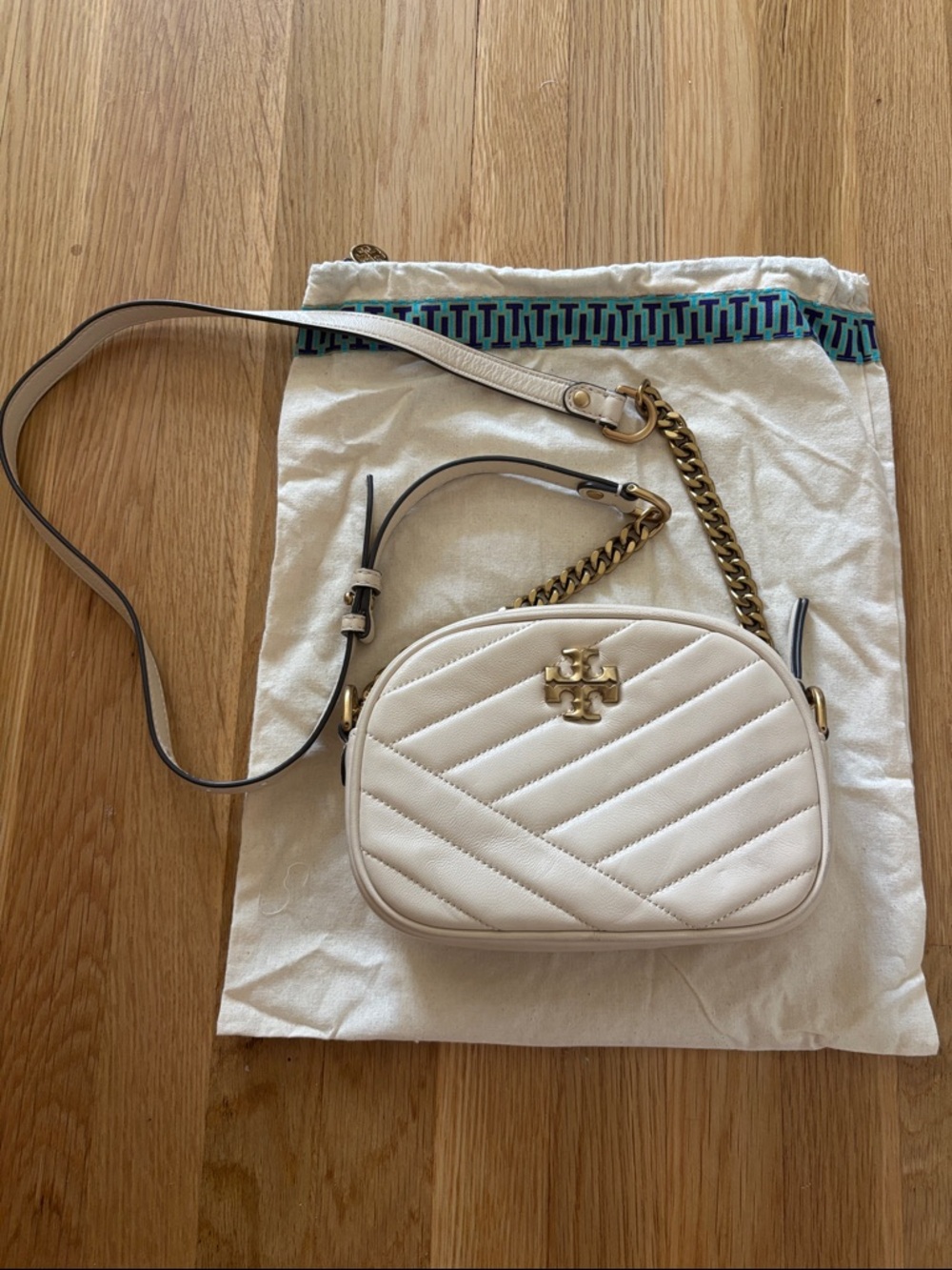 Tory Burch Cream Quilted Kira Camera Crossbody with Gold Hardware